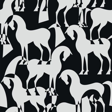Horses. Black and white. Seamless background. Design for fabric, wallpaper. Vector illustation.