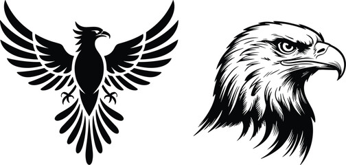 Naklejka premium Bird illustrations set with flying eagle, phoenix style wings, detailed eagle head drawing, symbolic bird of prey design collection