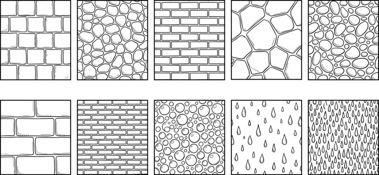 Set of ten hand drawn seamless architectural textures featuring stone pavers brick walls and water drops.