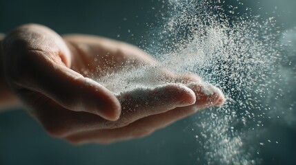 Fototapeta premium Human hand holds falling sand in dark space. Close up of hand with scattering dust particles. Symbolic hand time concept. Grains of sand fly through fingers. Minimalist nature shot.