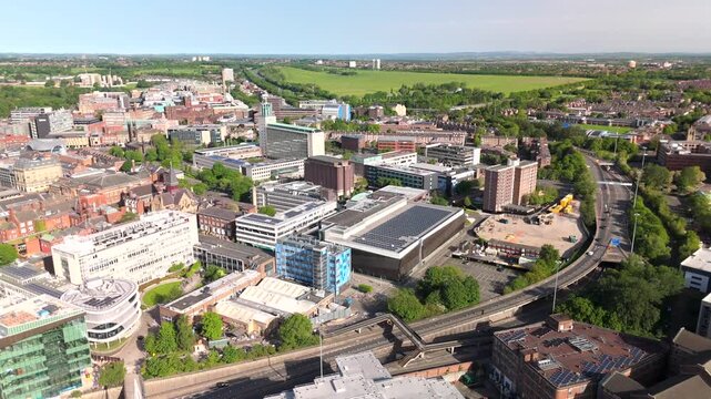 Newcastle upon Tyne UK: 25th May 2026: Drone footage city of Newcastle upon Tyne displays a wide view of buildings and roads structured in the skyline near John Dobson Street