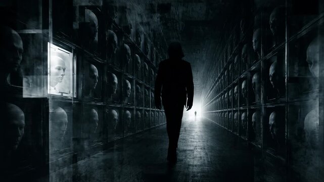 Man walking through dark corridor filled with artificial intelligence head models. Dystopian future concept of technological control and human dread of machine.