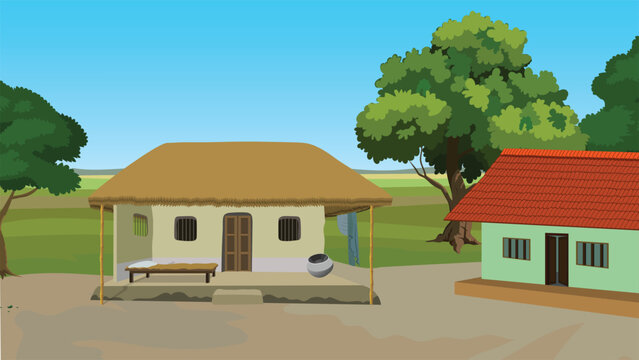 Traditional Indian Village Mud House with Thatched Roof Wooden Cot and Clay Tile Cottage Rural Landscape Background