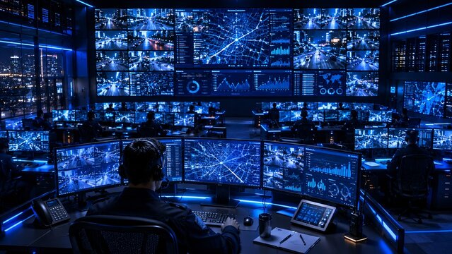 Modern emergency dispatch control room with multiple glowing blue surveillance monitor screens