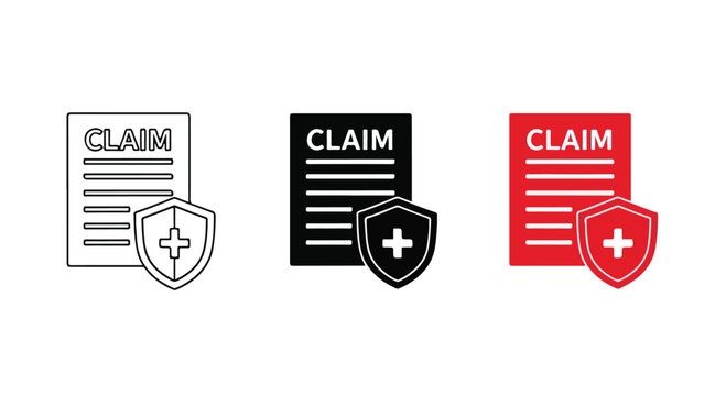 Close-up of three claim documents in black red and white with medical shield icons and bold CLAIM headers