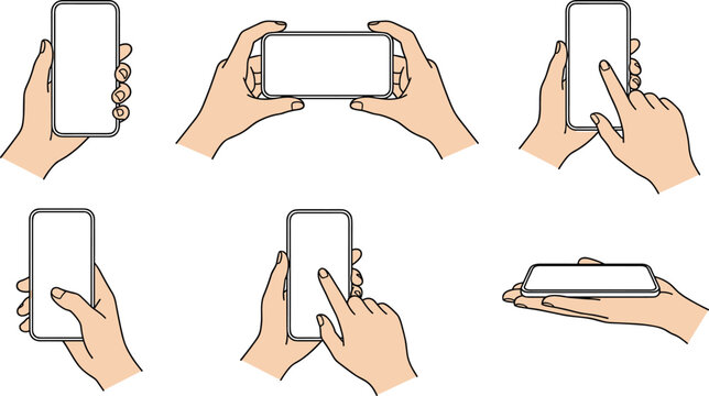 Hand holding smartphone vector set template mobile phone screen touchscreen gesture click tap swipe landscape portrait mockup illustration