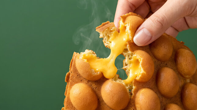 Hand holding freshly baked cheesy bubble waffle against green background