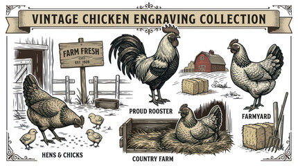 Vintage chicken engraving collection with farm animals and rustic barn © Tyasa