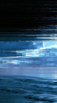 Abstract vertical digital artwork blending a surreal ocean landscape with horizontal pixel sorting and glitch effects in deep blue tones, creating a fusion of nature and cyberpunk technology.