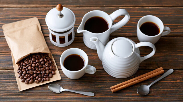 Coffee set on wooden table with french press, cups, and beans