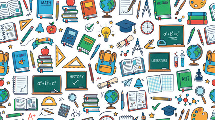 Seamless pattern of colorful school supplies and educational icons © Tyasa