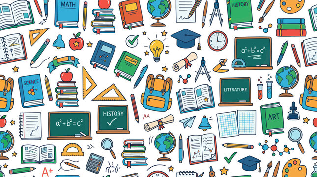 Seamless pattern of colorful school supplies and educational icons