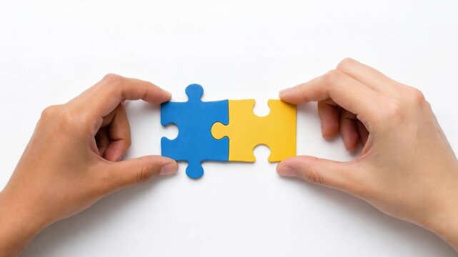Hands connecting blue and yellow puzzle pieces for teamwork and problem solving