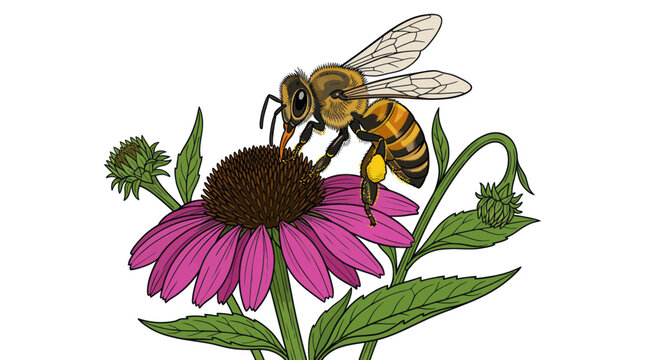 Honey bee pollinating a pink echinacea flower in a garden