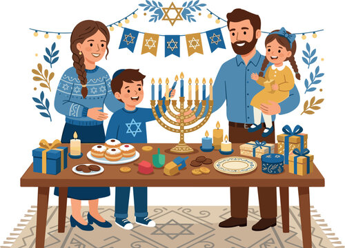  Happy Jewish family celebrating Hanukkah lighting menorah candles with gifts and traditional food flat vector illustration templates