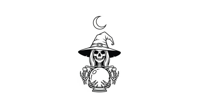 Witch in hat looks at crystal.