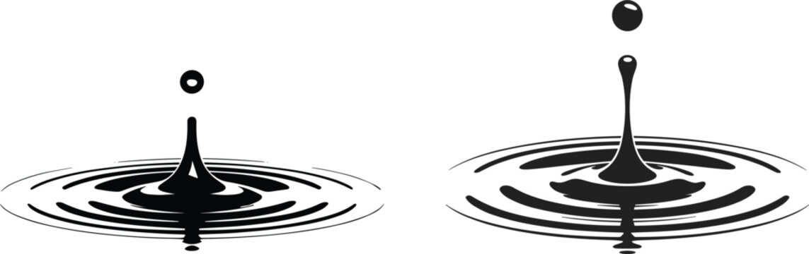 Water drop drip vector illustrations featuring rising liquid columns and concentric ripples