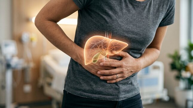 Woman experiencing abdominal pain with a glowing liver and gallbladder overlay, symbolizing internal organ discomfort or disease in a hospital setting.