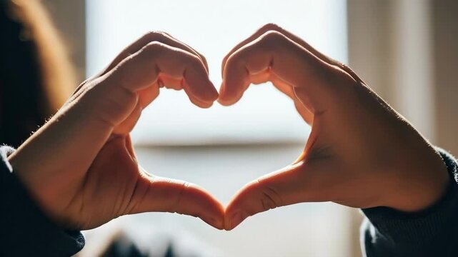 Two hands forming a heart shape against a softly illuminated bright window