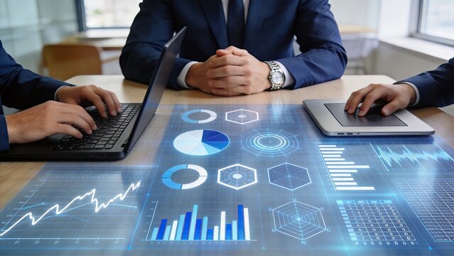 Business team analyzing financial data charts and graphs on a holographic table, representing strategic planning, market research, statistics, and digital analytics in a high-tech
