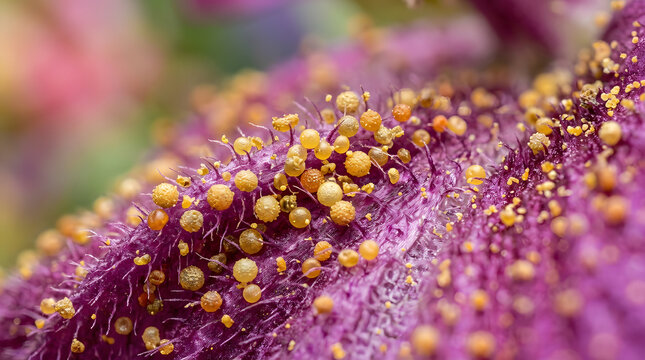 Macro of Yellow Pollen Grains on Purple Petal