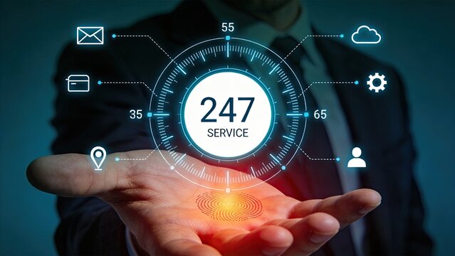 Businessman hand holding holographic 24/7 service interface, customer support concept, digital assistance, helpdesk availability, technical support system, remote management,