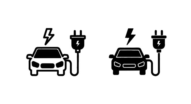 Minimal black silhouette icon, simple flat vector, bold black shape, no, no shading electric car icons with charging plug and lightning bolt symbol on a, flat icon style