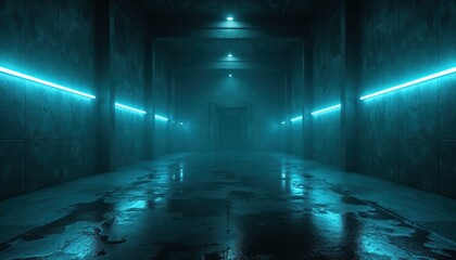 Fototapeta premium Long concrete corridor illuminated by bright blue neon lights. Wet floor reflects artificial glow. Doors at end hint at mystery, hinting at industrial abandoned space, sci-fi setting, abstract