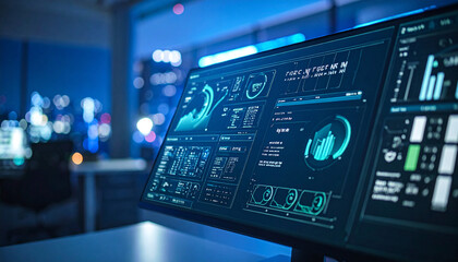 Fototapeta premium Futuristic Dashboard Display: A close-up view of a multi-screen futuristic dashboard displaying complex data and charts, with a blurred cityscape visible in the background.