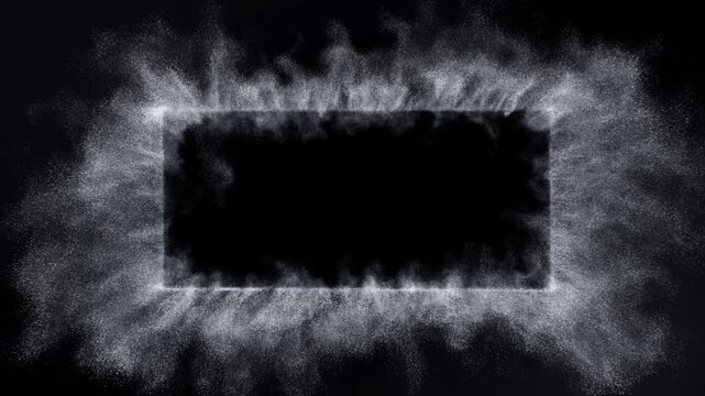 Slow motion top down view of white powder particles expanding into rectangular ring on black studio background for abstract scientific visualization and texture study