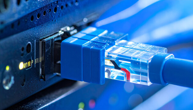 Network Connection Detail: A close-up shot focuses on a blue Ethernet cable being plugged into a network port, highlighting the intricate details of a computer or server connection.