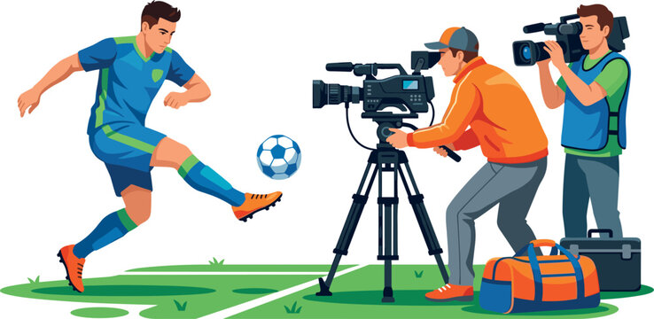 Professional camera operators filming male soccer player kicking ball on field flat cartoon vector illustration isolated on white