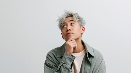 Obraz premium Young thoughtful man portrait on white neutral background with silver hair and green jacket for lifestyle background and banner design