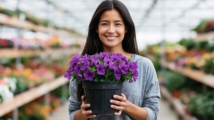 Obraz premium Smiling woman holding a purple petunia plant in a greenhouse for garden banner background and spring poster design