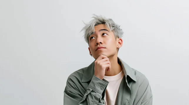 Young thoughtful man portrait on white neutral background with silver hair and green jacket for lifestyle background and banner design