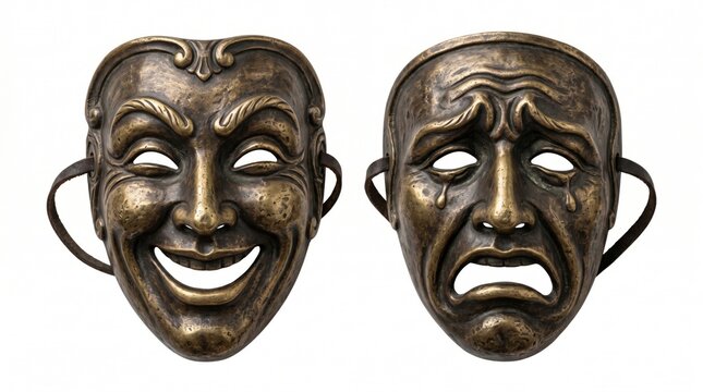 Antique Bronze Comedy and Tragedy Theater Masks Isolated on White Background. Classic Greek Drama Masks Representing Melpomene and Thalia for Stage Acting, Broadway, and Performing Arts.