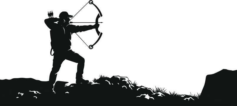  Silhouette of male archer aiming compound bow standing atop rocky mountain ridge minimal sport graphic vector illustration isolated on white