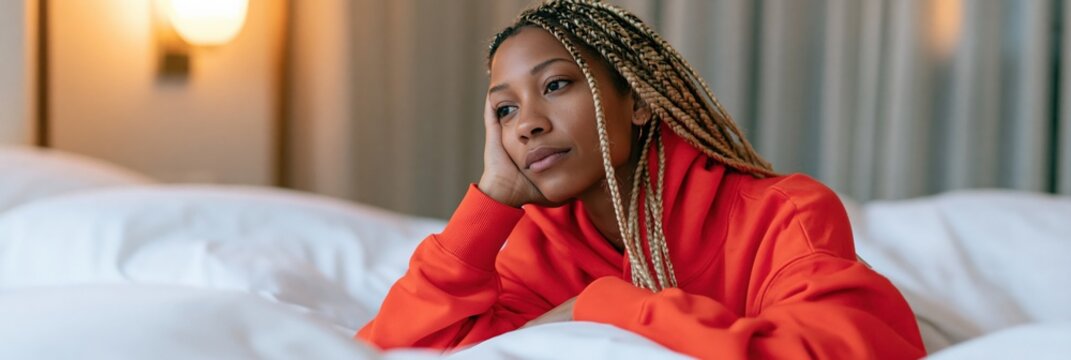 Thoughtful young woman in orange hoodie lying on bed background for lifestyle banner and cozy portrait design