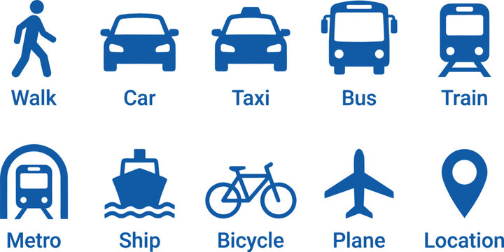 Transportation travel navigation vehicle icon vector set pedestrian car taxi bus train metro ship bicycle airplane blue map location