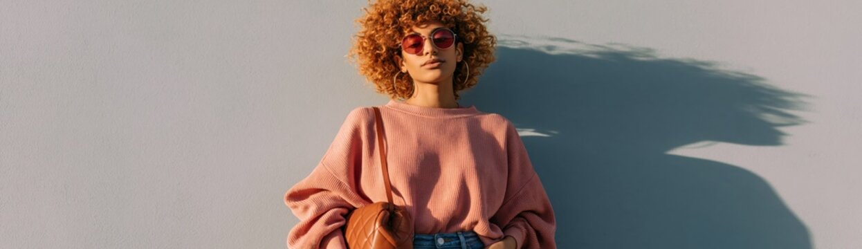 Stylish woman with curly hair in oversized pink sweater standing against sunlit wall for fashion portrait banner and background design