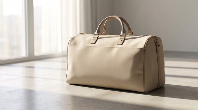 Blank beige weekender duffle bag mockup on concrete floor in room with window sunlight.