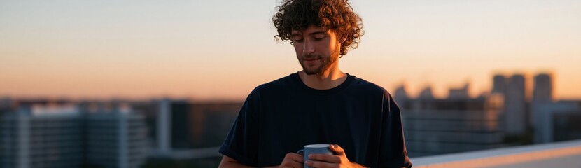 Obraz premium Young man checking his phone on a rooftop at sunset with a soft city skyline background for social media banner and lifestyle portrait use