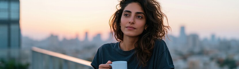 Obraz premium Young woman on balcony at golden hour with a coffee mug for peaceful morning routine and urban rooftop lifestyle background featuring city skyline view for banner or wallpaper