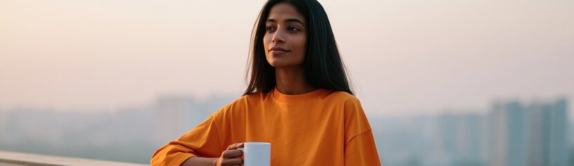 Obraz premium Young woman in orange top holding a mug on a rooftop with hazy city skyline for lifestyle background banner and serene morning design