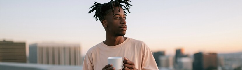 Obraz premium Young man with dreadlocks holding white mug on rooftop at dusk background for lifestyle banner and social media design