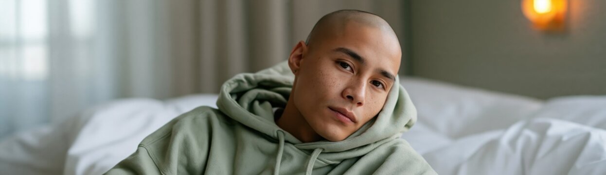Close up portrait of a young man wearing a green hoodie on a bed in a cozy indoor setting for lifestyle portrait background and website header use