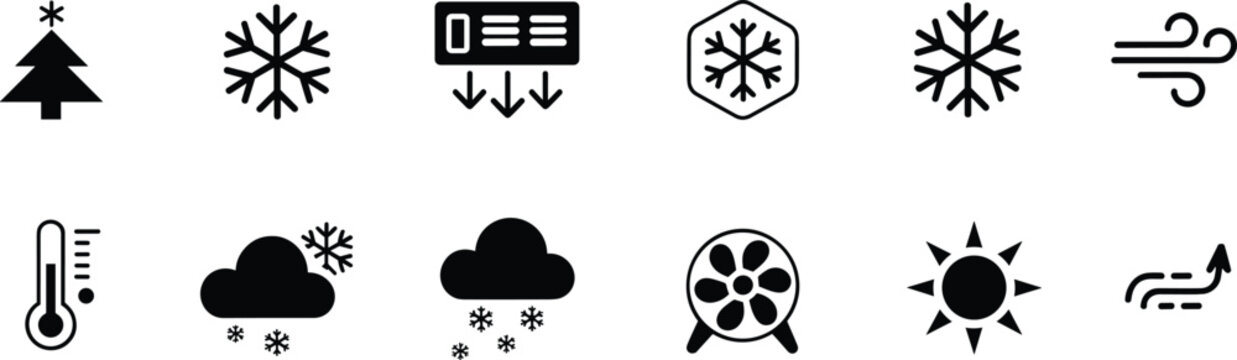 Weather icons set with snowflake, sun, thermometer, wind, cloud snowfall, HVAC symbols, climate temperature design collection illustration