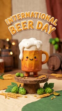 Cute stop motion style beer mug character for International Beer Day, playful vertical poster for social media, pub and craft beer celebration.