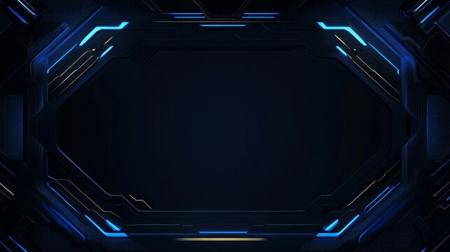 Futuristic frame border design with glowing blue neon light lines. Abstract dark background with digital frame element for tech display. Cyberpunk style HUD frame for gaming presentation.