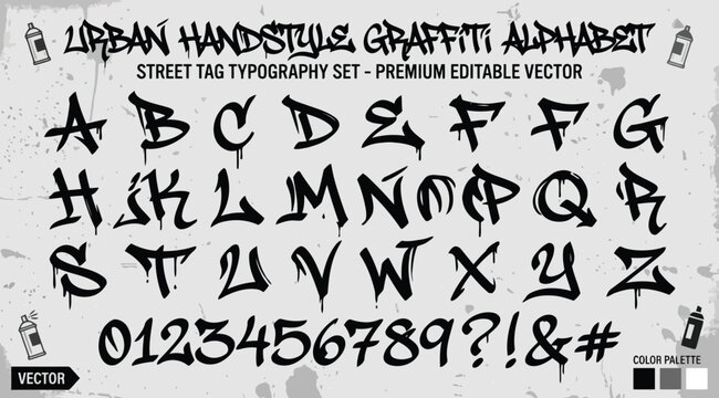 Urban handstyle graffiti alphabet street tag typography set